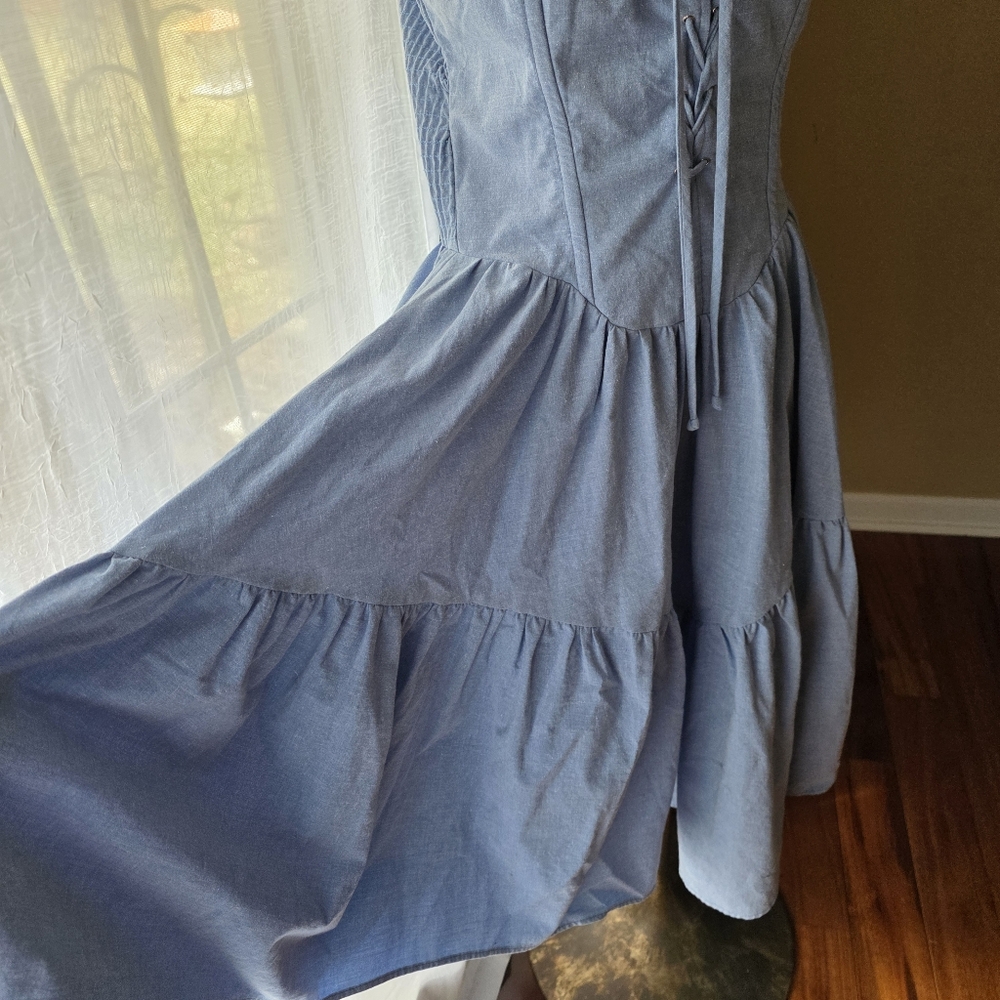 Vintage 70s Frederick's of Hollywood Tiered Denim Dress Medium w Lace Straps - Picture 4 of 9